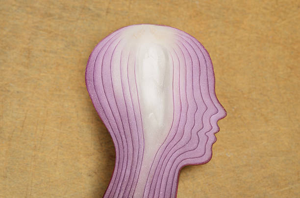 Layers of personality Sliced human head shaped onion on chopping board psyche photography stock pictures, royalty-free photos & images