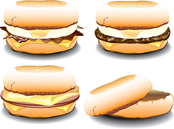 Enlish Muffin breakfast sandwiches Illustration of four different english muffin fast food sandwiches. english muffin stock illustrations