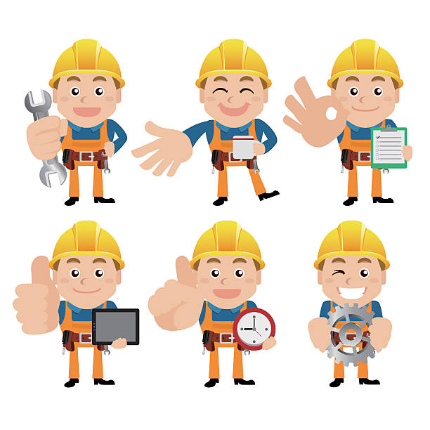 Worker characters in different poses Worker characters in different poses plumber tablet stock illustrations