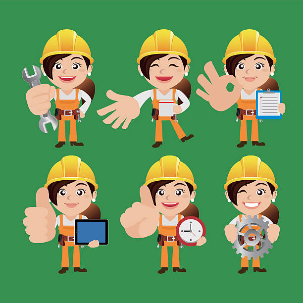 Worker characters in different poses Worker characters in different poses plumber tablet stock illustrations