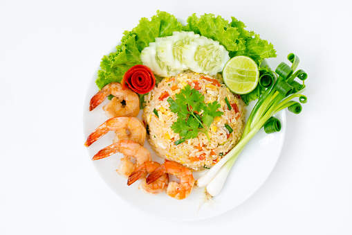 Top view ; Shrimp fried rice on white background