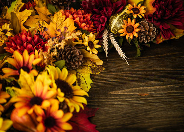istock Fall themed decorations forming border on wooden background. Thanksgiving celebrations. 492754352