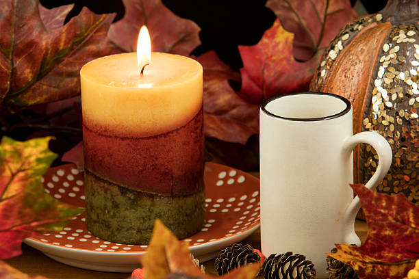 istock Coffee, Lit Candle and Pumpkin Decor 492755266