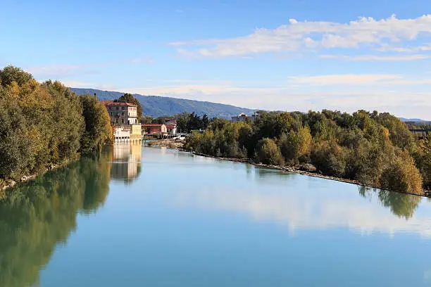 Photo of Dora Baltea River and Ivrea cityscape in Piedmont, Italy