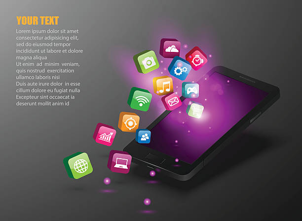 ilustrações de stock, clip art, desenhos animados e ícones de smartphone touchscreen com ícones da aplicação. - smart phone mobility computer icon concepts