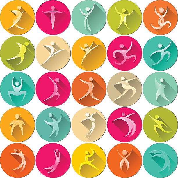 human colorful - round icon set Humans colorful round icon set. Sports and exercises symbol and metaphors. jumping jacks stock illustrations