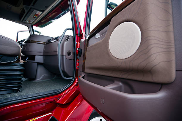 istock Modern red semi truck brown interior gorgeous place to work 492763782