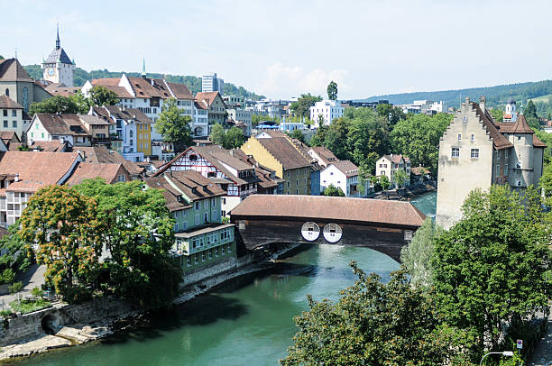 Baden (Switzerland) with River Swiss City Baden in Canton Aargau. aargau canton photos stock pictures, royalty-free photos & images