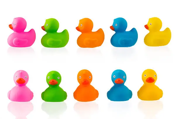 Colorful Rubber ducks isolated on a white background