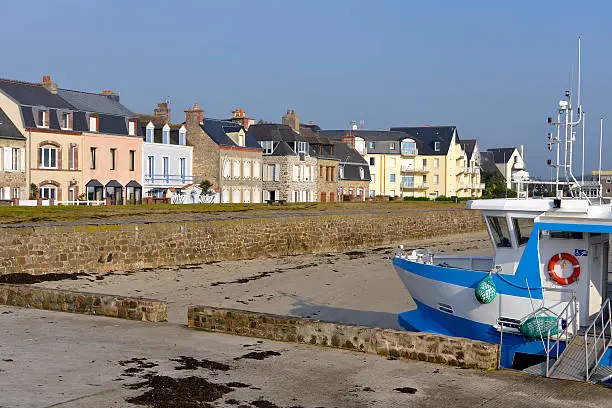 Beach and boat at Saint-Vaast-la-Hougue, a commune in the peninsula of Cotentin in the Manche department in Lower Normandy in north-western France