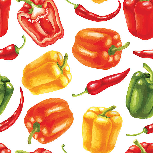 ilustrações de stock, clip art, desenhos animados e ícones de sem costura padrão com chili e bell doces ou pimentões - mexico chili pepper bell pepper pepper