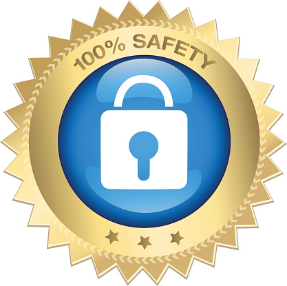 100% Safety guaranteed seal or icon with padlock symbol. Glossy golden seal or button with stars.