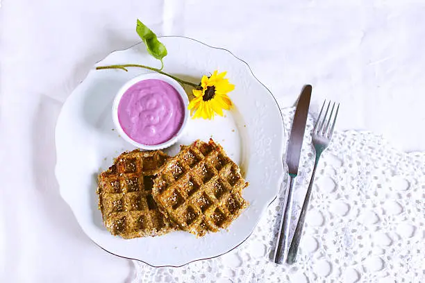 Photo of Sweet potato gluten free waffles with blueberry yogurt dip