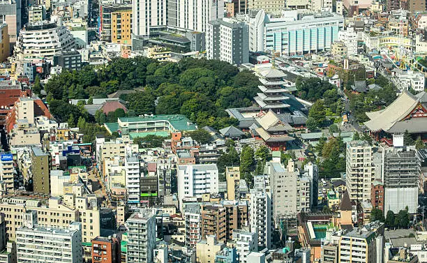 A high viewpoint over the enormous city of Tokyo, Japan. Middle right is the Sensō-ji historic temple. Logos and signs removed, any remaining text is plain Japanese script.