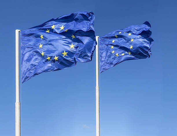 istock Wind blown european union flags against blue sky 492783300