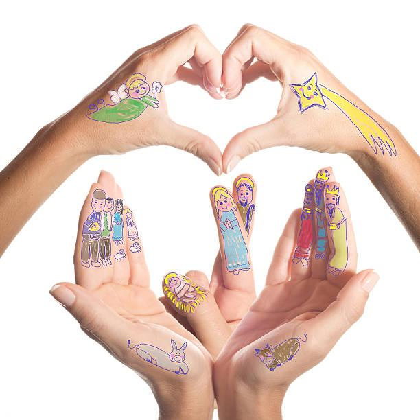 Nativity Scene drawn by a small child in his mother's hands, isolated on white background