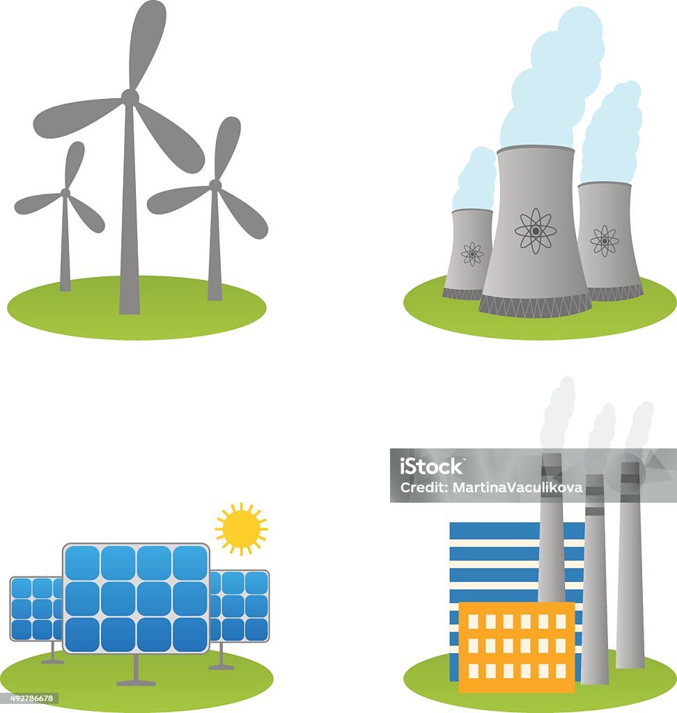 Solar, windmills and nuclear power plants icons Illustration of solar, windmills and nuclear power plants icons Electricity stock vector
