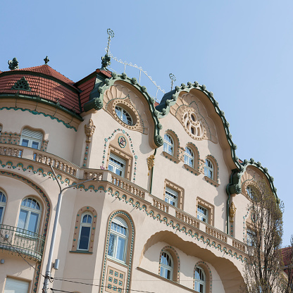 Oradea, Romania - April 12, 2015: Facade detail of the Black Eagle Palace in Oradea Romania at day.