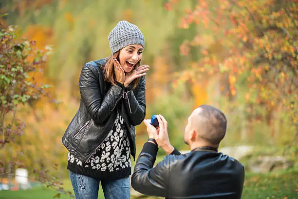 Photo of Autumn outdoor wedding proposal engagement