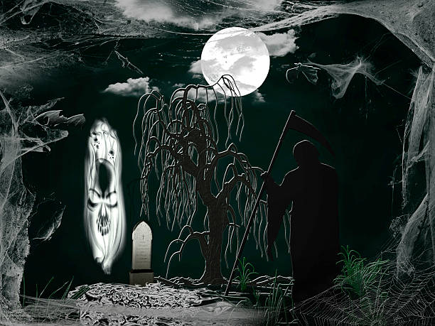istock Halloween background with spooky grave, naked tree and bats. 492789842