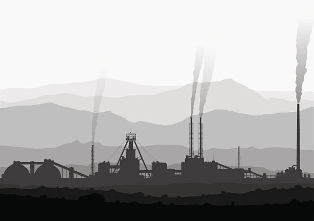 Mineral fertilizers plant over huge mountains. Mineral fertilizers plant over huge mountains. Detail illustration of large smoking manufacturing plant. Black and white vector image. mining natural resources stock illustrations