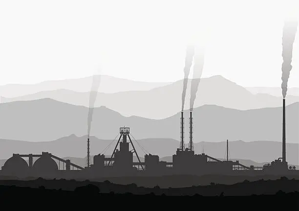 Vector illustration of Mineral fertilizers plant over huge mountains.