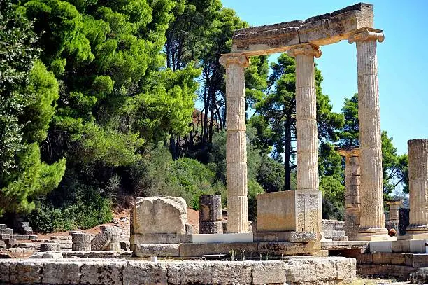Classic picture of a Greek ruin - The Phillippeion in Olympia, Greece