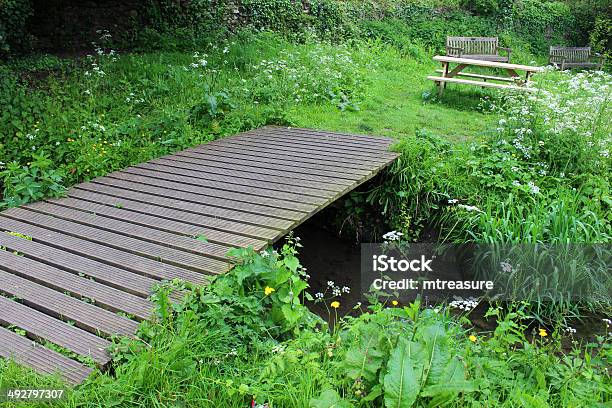 Image Of Wooden Decking Bridge Spanning Small Woodland Stream Stock Photo - Download Image Now