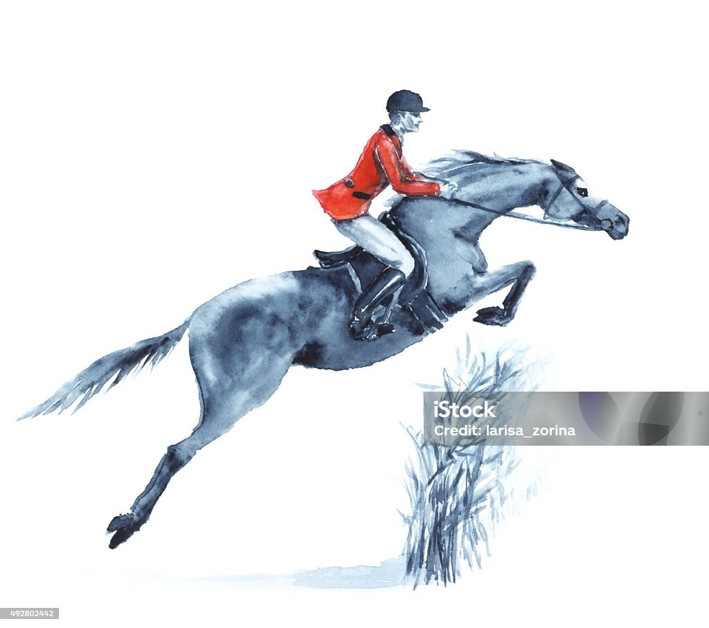 Watercolor rider and  jumping horse in forest on white Horseman in red jacket at jumping steeplechase competition. England equestrian sport. Hand drawing illustration. Horse stock illustration