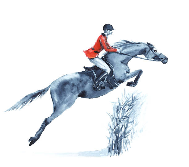 Watercolor rider and  jumping horse in forest on white Horseman in red jacket at jumping steeplechase competition. England equestrian sport. Hand drawing illustration. branch trimmers stock illustrations