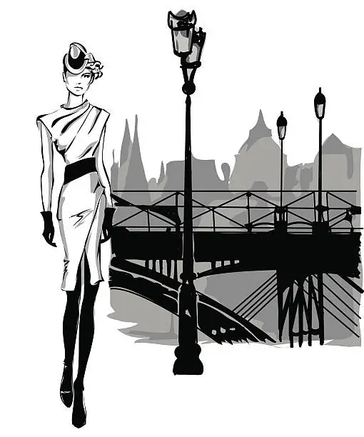 Vector illustration of Fashion models in sketch style fall winter with city background