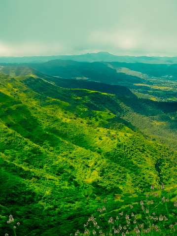 Green valley and hill range from sinhangad fort, Pune, Maharashtra, India