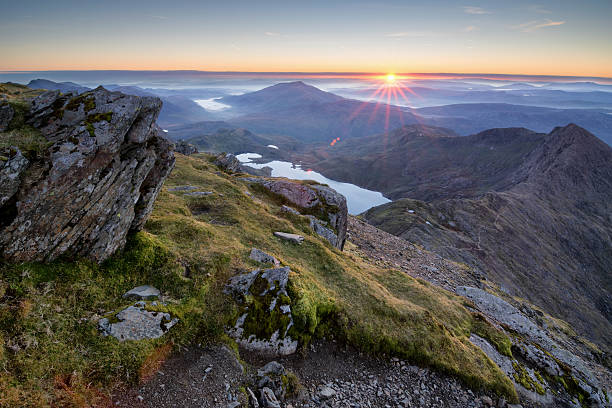 Snowdonia National Park An amazing sunrise over the Snowdonia national park as view from the summit of Snowdon on a cold Octobers morning.  wales photos stock pictures, royalty-free photos & images