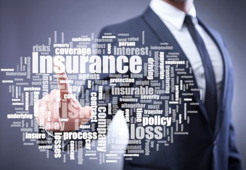 Word cloud for insurance and defocused businessman