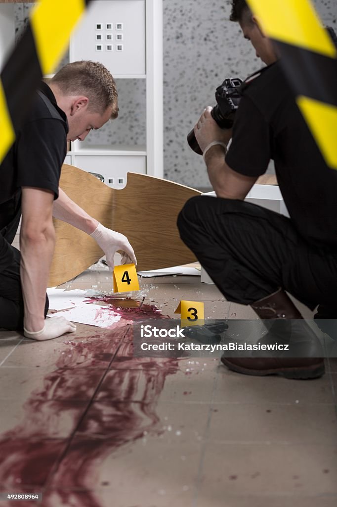 Crime scene investigation Young police officers during crime scene investigation 2015 Stock Photo