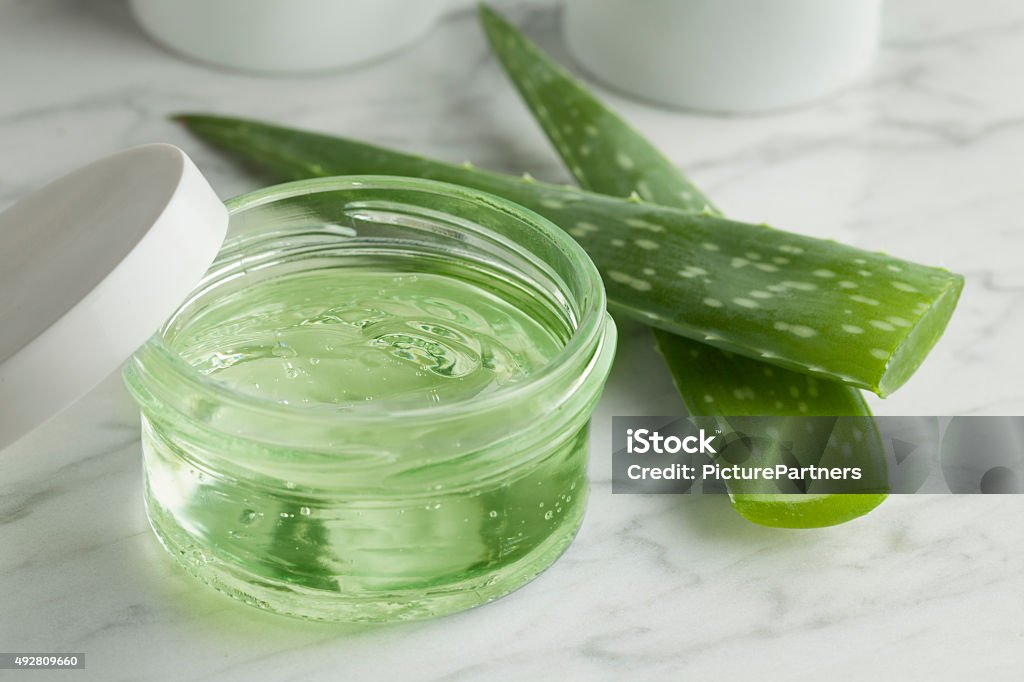 Aloe Vera gel in a glass jar Aloe Vera gel in a glass jar for cosmetic use Hair Gel Stock Photo