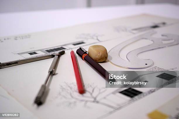 Closeup To Architecture Equipments On The House Plan Stock Photo - Download Image Now