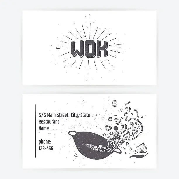 Vector illustration of Business card set with wok noodles. Monochrome lettering