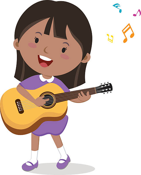 Little girl playing guitar Vector illustration of a cheerful girl playing guitar and singing. notes on guitar neck stock illustrations