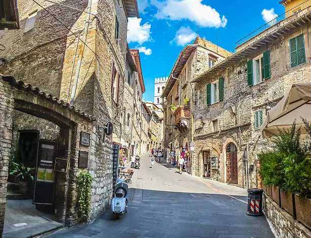 Beautiful alley in the ancient town of Assisi, Umbria, Italy