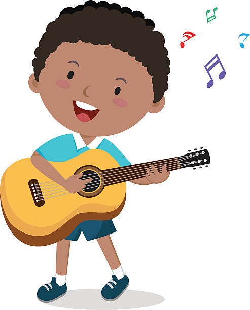 Little boy playing guitar Vector illustration of a cheerful boy playing guitar and singing. notes on guitar neck stock illustrations