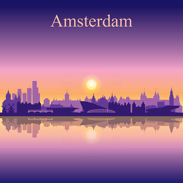 암스텔담 도시 스카이라인 실루엣 배경기술 - amsterdam skyline harbor night stock illustrations