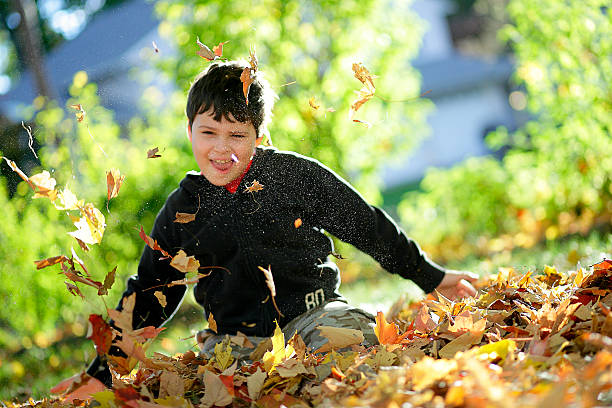 Autistic boy playing in autumn leaves stock photo