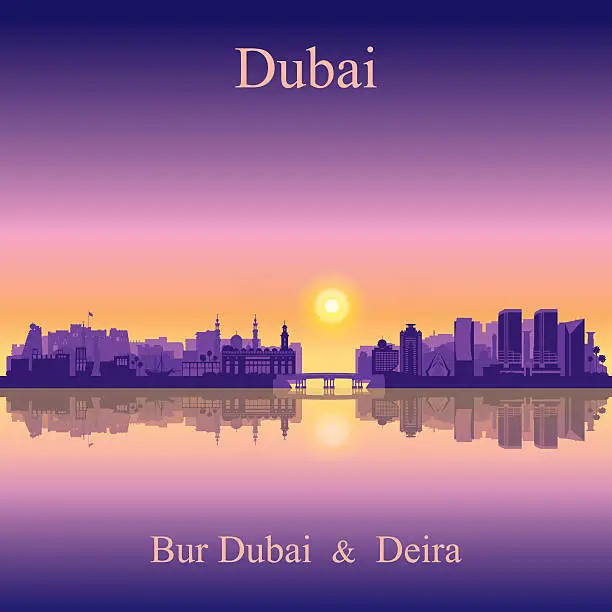 Vector illustration of Dubai Deira and Bur Dubai skyline silhouette background