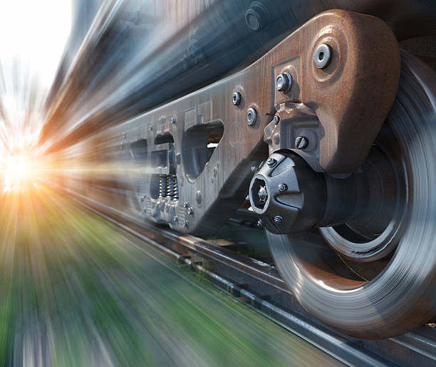 industrial ferrovia treno ruote tecnologia ottica sfondo concettuale primo piano - locomotiva foto e immagini stock