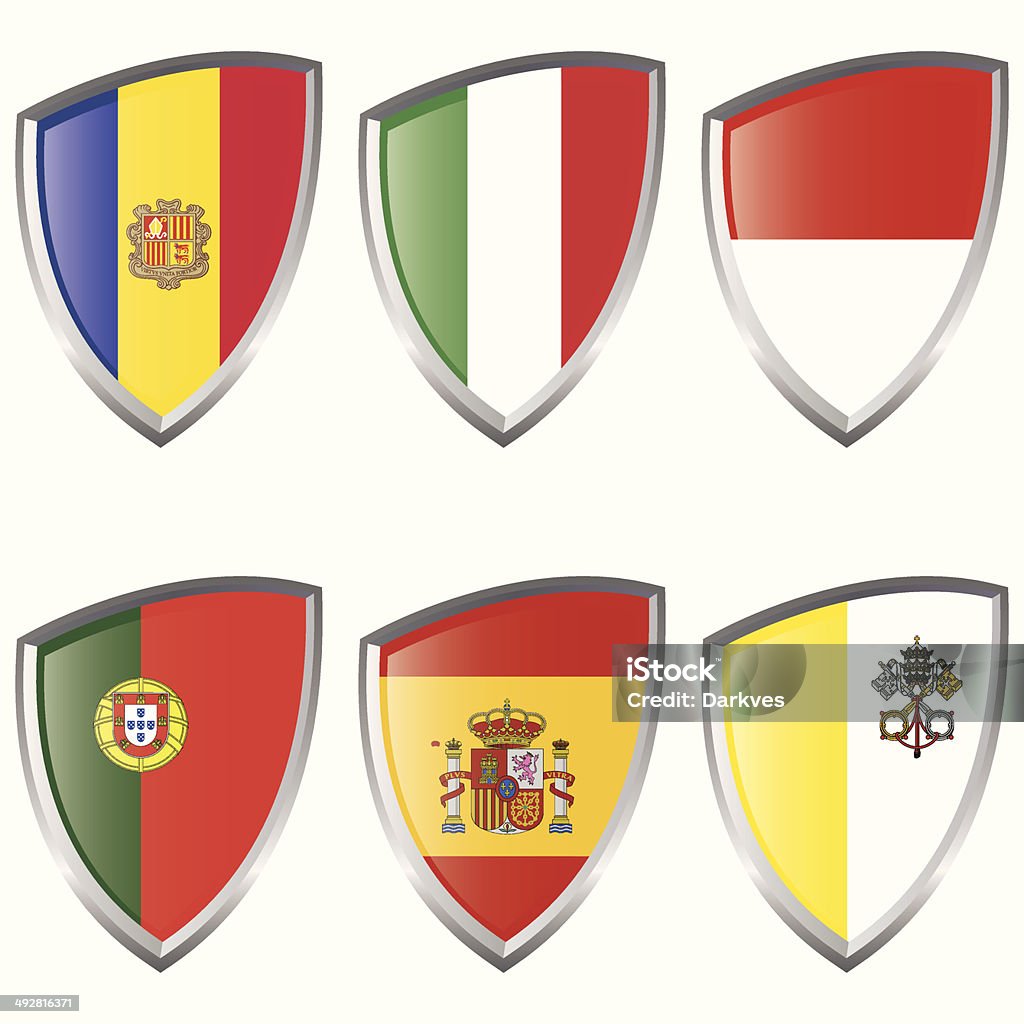 West 1 Europe Shield Flags West 1 Europe Shield Flags Andorra Italy Monaco Portugal Spain Vatican Andorra stock vector