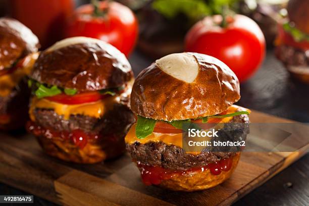 Homemade Cheeseburger Sliders With Lettuce Stock Photo - Download Image Now - Beef, Bread, Bun - Bread