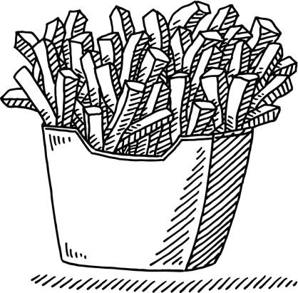 Hand-drawn vector drawing of a Portion French Fries Fast Food. Black-and-White sketch on a transparent background (.eps-file). Included files are EPS (v10) and Hi-Res JPG.