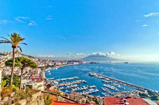 day view of Naples from Posillipo with Mediterranean sea and Vesuvius mount