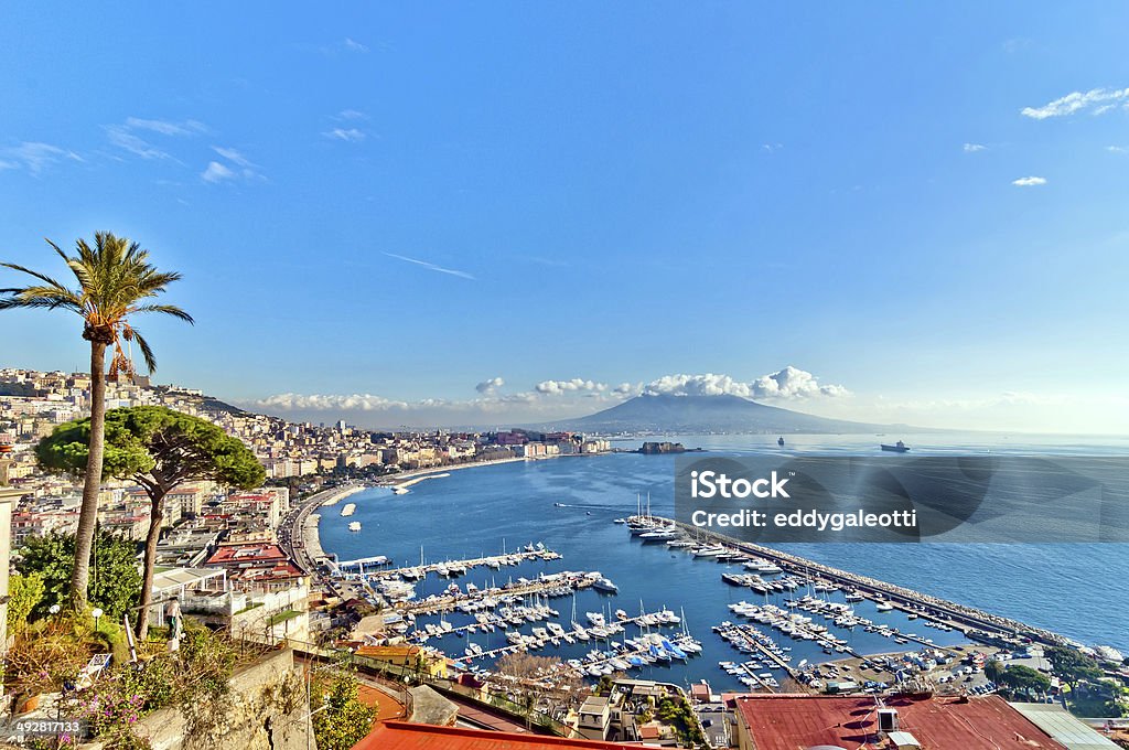 Naples bay view from Posillipo with Mediterranean sea - Italy day view of Naples from Posillipo with Mediterranean sea and Vesuvius mount Naples - Italy Stock Photo